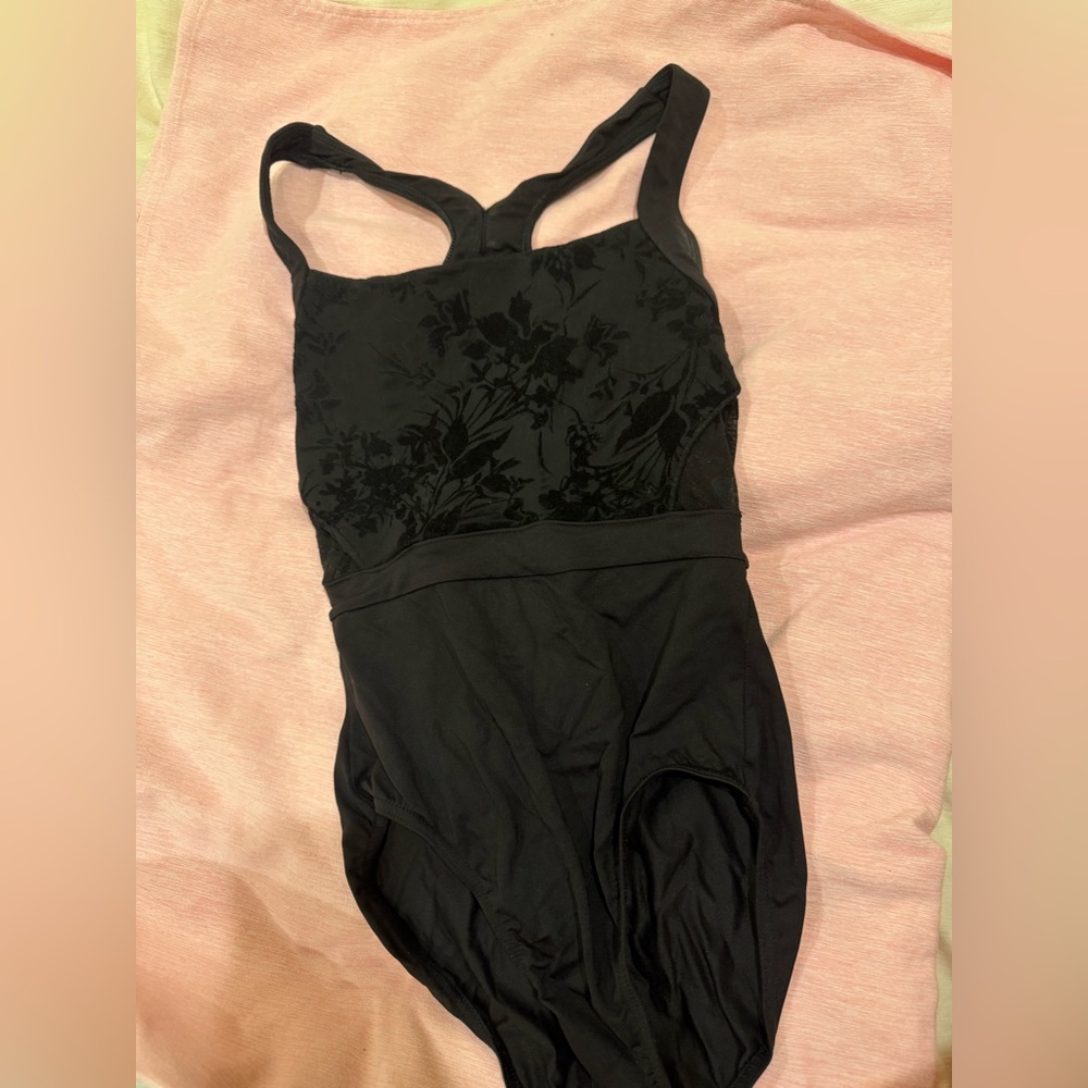 Bloch black leotard with floral velvet design, open back pattern, size small